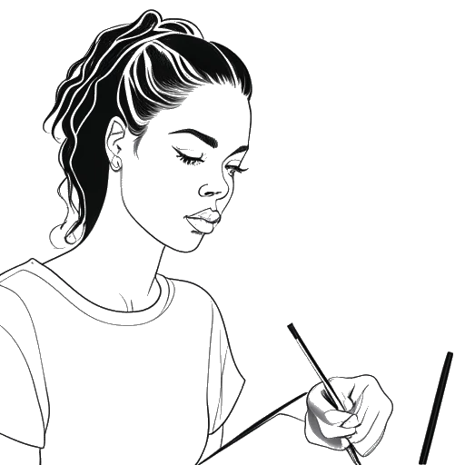Strichzeichnung einer Frau, die ein Porträt skizziert, das Alessya Farrugia zeigt, wie sie ihren Lieblingskünstler J.Cole zeichnet, gegen einen weißen Hintergrund