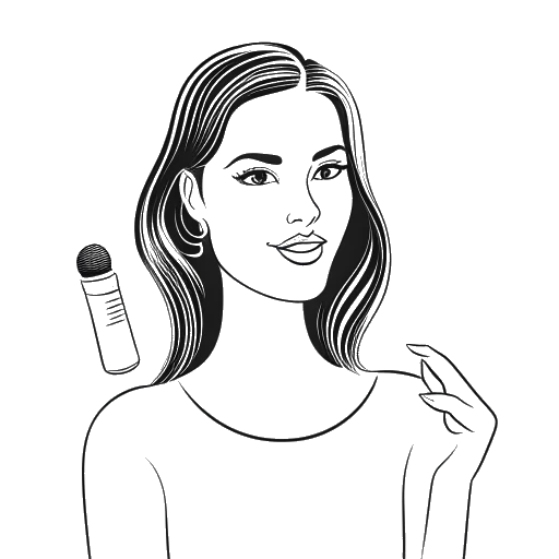 Desenho em linha de uma mulher segurando um produto de skincare e uma escova de cabelo, representando os planos de Alessya Farrugia para futuros vídeos, em um fundo branco