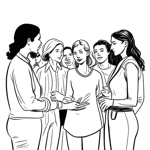Line drawing of a woman interacting with a group of people, representing Alessya Farrugia's connection with her supporters, on a white backdrop