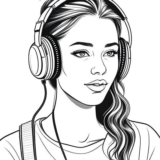 Line art drawing of a young woman wearing headphones, lip-syncing, representing Alessya Farrugia's early TikTok videos, against a white backdrop