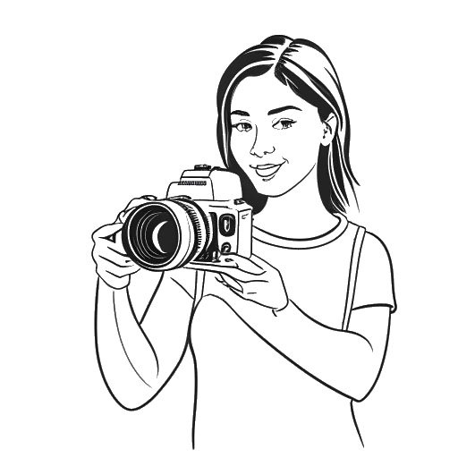 Dibujo de línea de una mujer sosteniendo una cámara y señalando a una pantalla de ordenador, representando el canal de YouTube de Alessya Farrugia, contra un fondo blanco