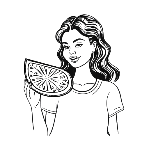 Dibujo de línea de una mujer sosteniendo un trozo de pizza con piña, representando el signo del zodíaco y la preferencia culinaria de Alessya Farrugia, contra un fondo blanco