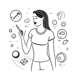 Desenho de uma mulher representando Nailea Devora em trajes de exercício, interagindo com ícones de redes sociais flutuantes, exemplificando sua interação genuína com a audiência e sua presença online autêntica, em um fundo branco.