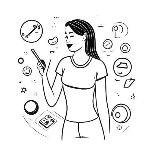 Desenho de uma mulher representando Nailea Devora em trajes de exercício, interagindo com ícones de redes sociais flutuantes, exemplificando sua interação genuína com a audiência e sua presença online autêntica, em um fundo branco.