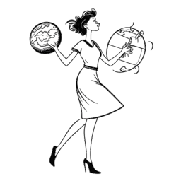 Line art of a woman representing Nailea Devora dancing with shopping bags, next to a globe illustration, and a quirky bird clutching a hot dog, capturing her hobbies and unique experiences, on a white background.