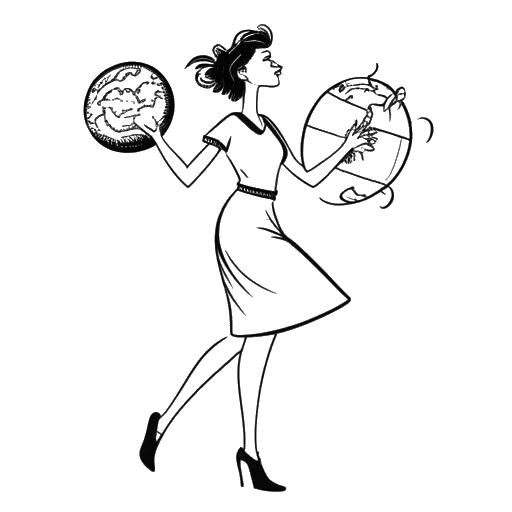 Line art of a woman representing Nailea Devora dancing with shopping bags, next to a globe illustration, and a quirky bird clutching a hot dog, capturing her hobbies and unique experiences, on a white background.