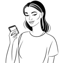 Dessin en ligne d'une femme représentant Nailea Devora tenant un pinceau à maquillage et un smartphone avec des notifications de médias sociaux visibles, illustrant sa création de contenu viral et son entrepreneuriat, sur un fond blanc.