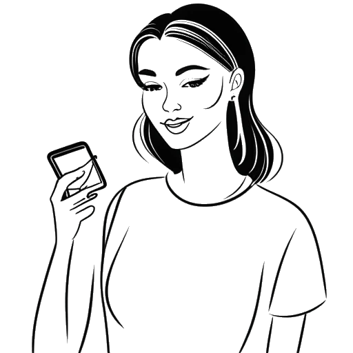 Dessin en ligne d'une femme représentant Nailea Devora tenant un pinceau à maquillage et un smartphone avec des notifications de médias sociaux visibles, illustrant sa création de contenu viral et son entrepreneuriat, sur un fond blanc.