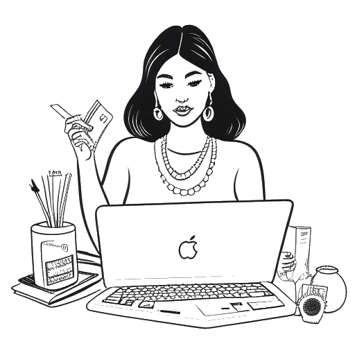 Dibujo de una mujer, representando a Nailea Devora, interactuando con múltiples plataformas de redes sociales en su laptop, rodeada de símbolos de marcas patrocinadoras como joyas y maquillaje, todo sobre un fondo blanco.