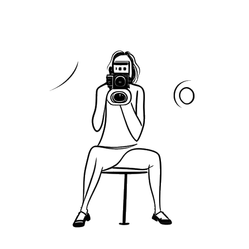Desenho de linhas de uma mulher representando Nailea Devora, sentada em frente a uma câmera, com um símbolo de TDAH flutuando sobre sua cabeça