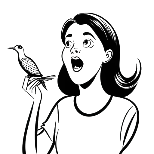 Lijntekening van een vrouw die Nailea Devora voorstelt, verrast kijkend, met een vogel die met een hotdog in zijn bek voorbij vliegt