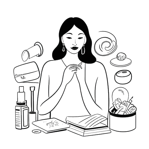 Dibujo de línea de una mujer representando a Nailea Devora, trabajando con varios logotipos de marcas, incluyendo SweetPeeps, Dermalogica y Prada