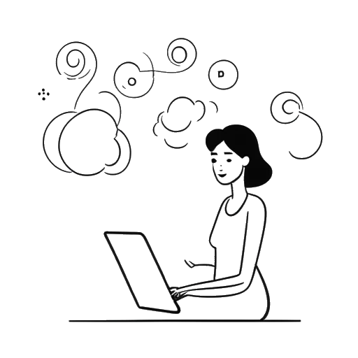 Dibujo de línea de una mujer representando a Nailea Devora, trabajando en una laptop, con un globo de pensamiento mostrando un camino de carrera y un símbolo de crecimiento personal