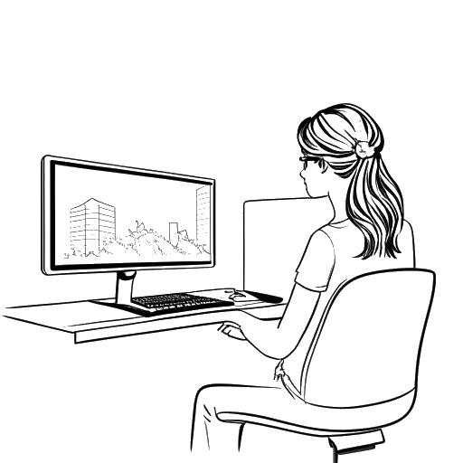 Disegno in stile line art di una donna che rappresenta Nailea Devora, davanti a uno schermo del computer con '3M visualizzazioni' mostrato