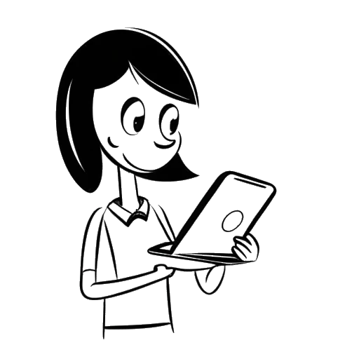 Disegno in stile line art di una donna che rappresenta Nailea Devora, che tiene un tablet con un gioco di Club Penguin aperto, che mostra l'username 'starry78500'