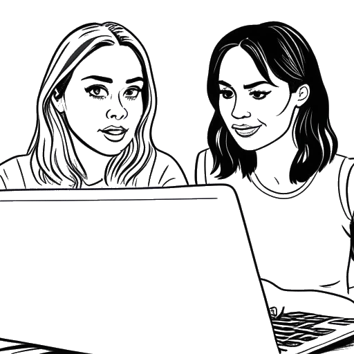 Lijntekening van een vrouw die Nailea Devora voorstelt, die een komische film bekijkt op een laptop, met de gezichten van Emma Stone en Aubrey Plaza op de achtergrond