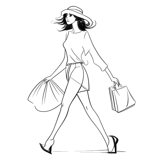 Line art drawing of a woman representing Nailea Devora, traveling, dancing, and shopping
