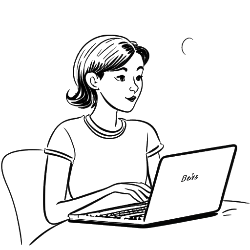 Dibujo de línea de una mujer representando a Nailea Devora, viendo 'La La Land' en una laptop, con un globo de pensamiento mostrando las palabras 'mejor película de todas'