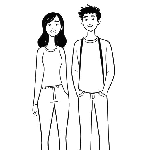 Lijntekening van een vrouw en man die Nailea Devora en Larray voorstellen, naast elkaar staand met een label 'vrienden' ertussen