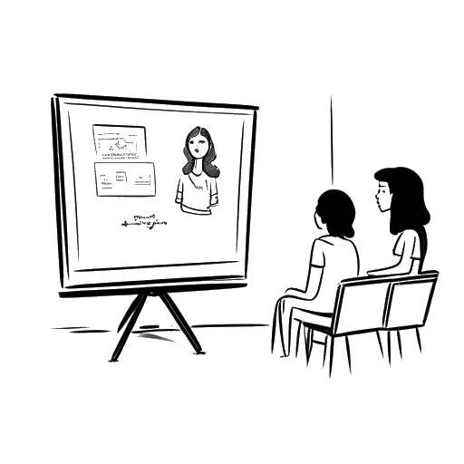 Desenho de linhas de uma mulher representando Nailea Devora, apresentando um canal do YouTube em um projetor, com alunos em uma sala de aula assistindo
