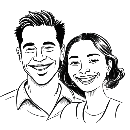Line art drawing of a woman and man representing Nailea Devora's parents, with Mexican features, smiling