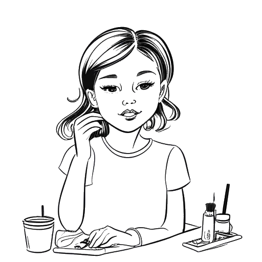 Dibujo de línea de una niña representando a Nailea Devora, jugando con maquillaje y vistiendo elegante