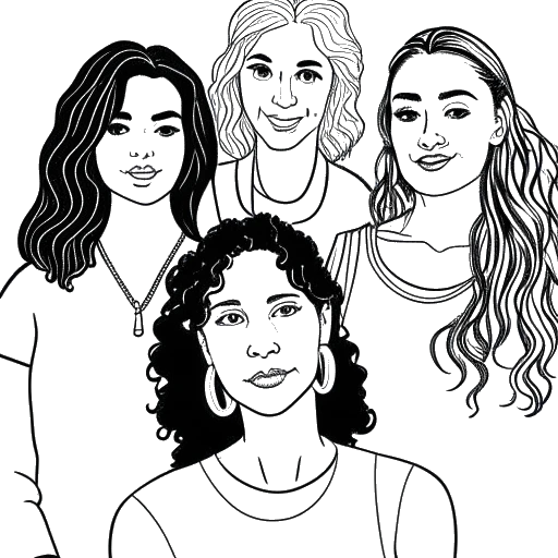 Dibujo de línea de una mujer representando a Nailea Devora, rodeada por cuatro personas, representando a Lilhuddy, Vinniehacker, Larray y Charli D’amelio