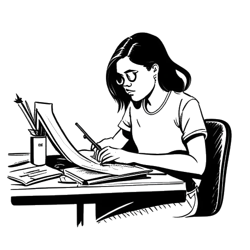 Disegno in stile line art di una donna che rappresenta Nailea Devora, che studia a una scrivania, con uno striscione dell'UCLA sullo sfondo