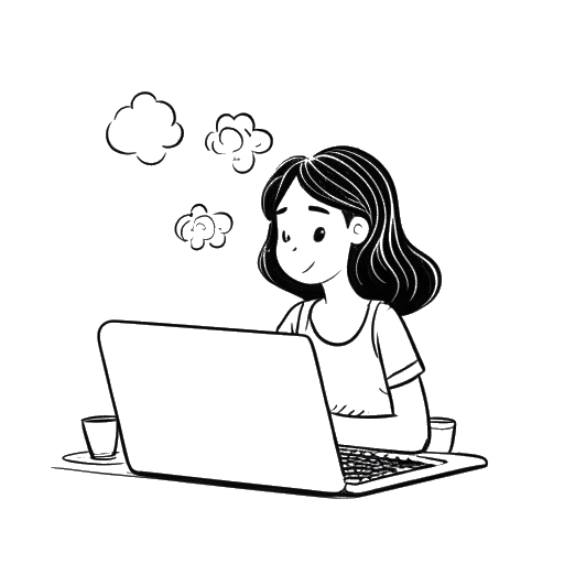 Disegno in stile line art di una ragazza giovane che rappresenta Nailea Devora, che guarda video di YouTube su un laptop, con un fumetto che mostra un pulsante di riproduzione di YouTube e la parola 'relazionabile'