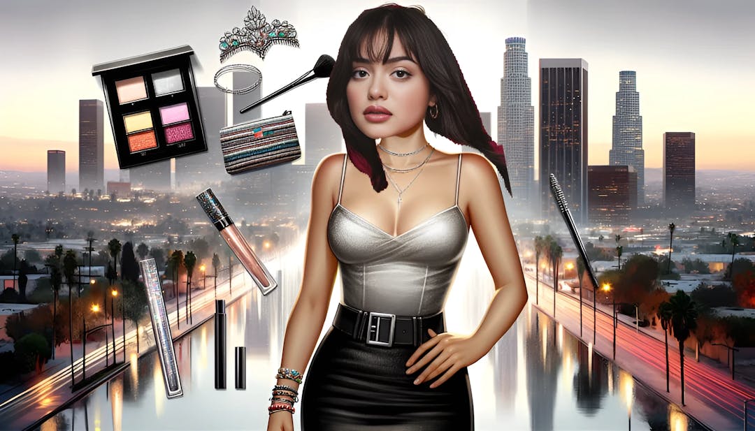 Nailea Devora, radiating confidence and style, with a Los Angeles cityscape backdrop and fashion forward elements.