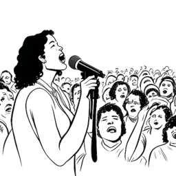 Disegno in bianco e nero di una donna, raffigurante Samantha Irvin, che canta di fronte a una folla esultante.
