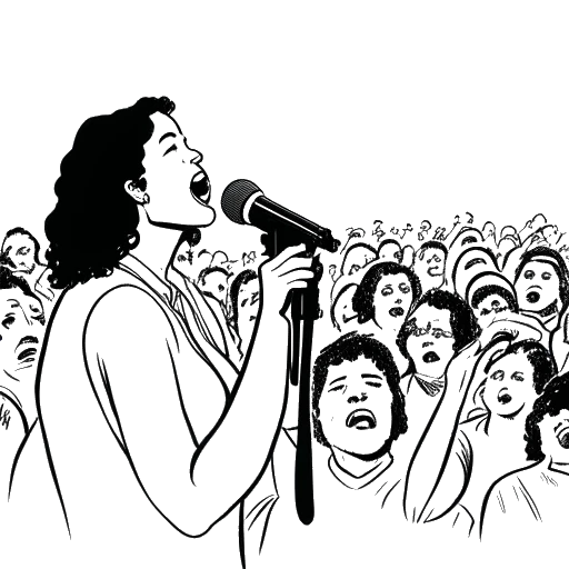Lijnkunsttekening van een vrouw, die Samantha Irvin vertegenwoordigt, zingend voor een juichende menigte. 