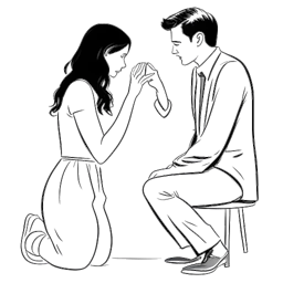 Line art drawing of a woman, representing Samantha Irvin, with her partner, Ricochet, proposing to her.