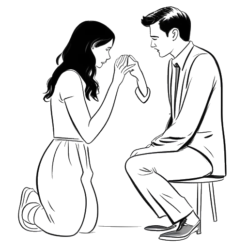 Line art drawing of a woman, representing Samantha Irvin, with her partner, Ricochet, proposing to her.