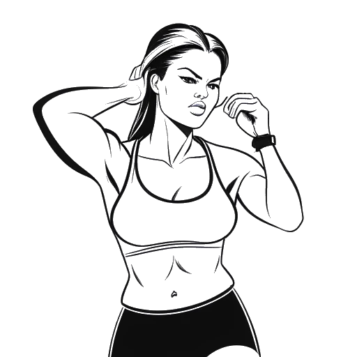 Disegno in bianco e nero di una donna che si sottopone a un esercizio impegnativo, rappresentando Samantha Irvin durante il suo provino WWE.