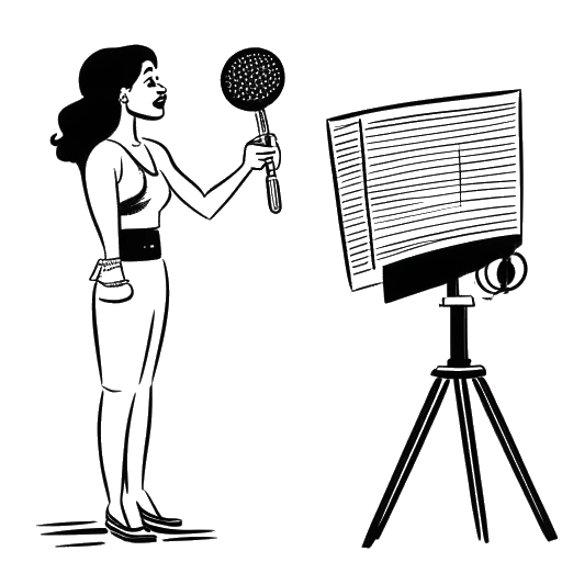 Lijntekening van een vrouw, die Samantha Irvin voorstelt, in een worstelring met een microfoon, een filmklapbord en muzieknoten die haar carrière in entertainment en muziek symboliseren, op een witte achtergrond.