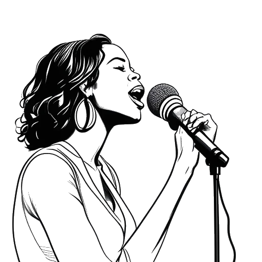 Line art drawing of a woman, representing Samantha Irvin, singing with a microphone in front of a panel of judges.