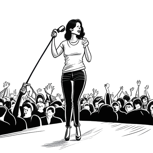 Line art drawing of a woman, representing Samantha Irvin, standing on a stage with a microphone, surrounded by applauding audience members and spotlights.