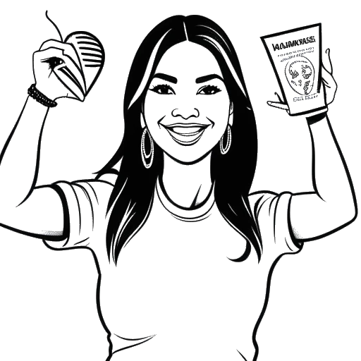 Line art drawing of a woman, representing Samantha Irvin, holding three banners, one for UNICEF, one for Make-A-Wish Foundation, and one for WWE's Be A Star campaign, with supportive symbols in the background.