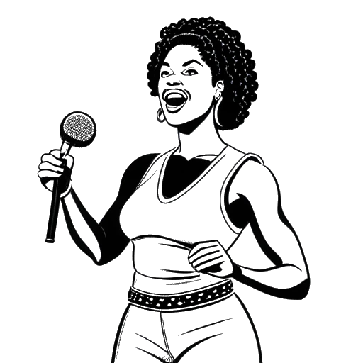 Lijntekening van een vrouw, voorstellende Samantha Irvin, die een microfoon vasthoudt en in een worstelring staat, met een spandoek 'eerste Afro-Amerikaanse vrouwelijke ring announcer' op de achtergrond.