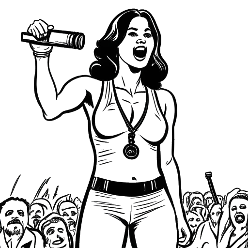 Lijntekening van een vrouw, voorstellende Samantha Irvin, die een microfoon vasthoudt en aankondigt in een worstelring, met een 'SmackDown'- en 'WrestleMania 39'-banner op de achtergrond.