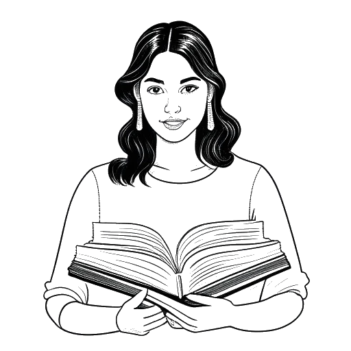 Line art drawing of a woman, representing Samantha Irvin, holding four books, one for each language, with language symbols in the background.