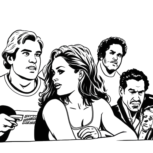 Line art drawing of a woman, representing Samantha Irvin, watching wrestling on TV, with three wrestlers, representing Shawn Michaels, Bret Hart, and Mick Foley, in the background.