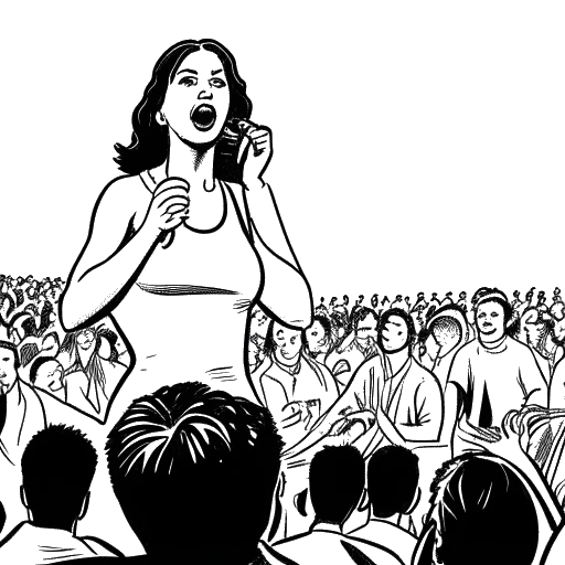 Line art drawing of a woman, representing Samantha Irvin, holding a microphone and announcing in a wrestling ring, with wrestlers in the background.