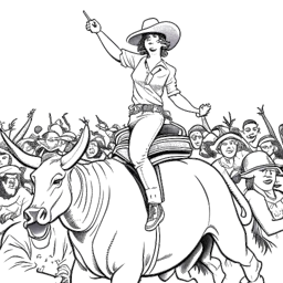 Eine Ein-Linien-Zeichnung einer Frau, die Brittany Venti darstellt. Sie hat kurze lila Haare und trägt einen Cowboyhut, während sie auf einem mechanischen Bullen reitet. Mit entschlossenem Gesichtsausdruck sind begeisterte Zuschauer um sie herum. Der Hintergrund ist weiß.