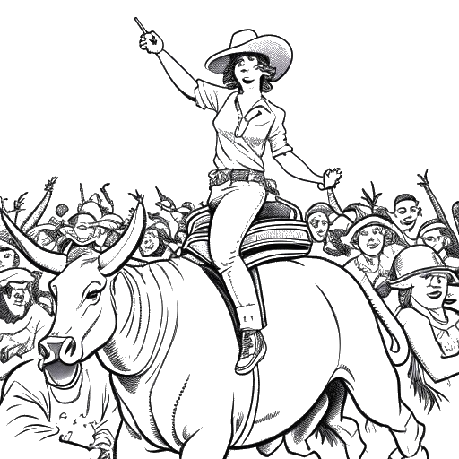 Um desenho de uma linha de uma mulher representando Brittany Venti. Ela tem cabelos roxos curtos e está vestindo um chapéu de cowboy enquanto monta um touro mecânico. Ela tem uma expressão determinada no rosto, e há espectadores aplaudindo ao redor dela. O fundo é branco.