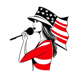 Eine Ein-Linien-Zeichnung einer Frau, die Brittany Venti darstellt. Sie trägt eine rote 'Make America Great Again'-Mütze und hält ein Megafon. Mit selbstbewusster und bestimmter Haltung steht sie vor einer patriotischen amerikanischen Flagge. Der Hintergrund ist weiß.