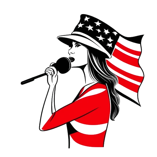 Un disegno a linea di una donna che rappresenta Brittany Venti. Indossa un cappello rosso 'Make America Great Again' e tiene un megafono. È raffigurata in piedi di fronte a una bandiera americana patriottica, con una postura sicura e decisa. Lo sfondo è bianco.