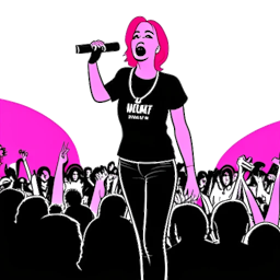 Um desenho de uma linha de uma mulher representando Brittany Venti. Ela tem cabelos rosa e está vestindo uma camiseta preta com as palavras 'Rainha Controversa' em letras maiúsculas. Ela está segurando um microfone e é mostrada em pé com confiança em um palco. Há um público diversificado aplaudindo. O fundo é branco.