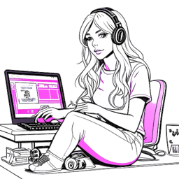Um desenho de uma linha de uma mulher representando Brittany Venti. Ela tem cabelos louros longos e está vestindo uma roupa rosa enquanto segura um controle de videogame. Ela tem uma expressão travessa no rosto enquanto está sentada na frente de uma tela de computador exibindo os logotipos do Twitch e YouTube. O fundo é branco.